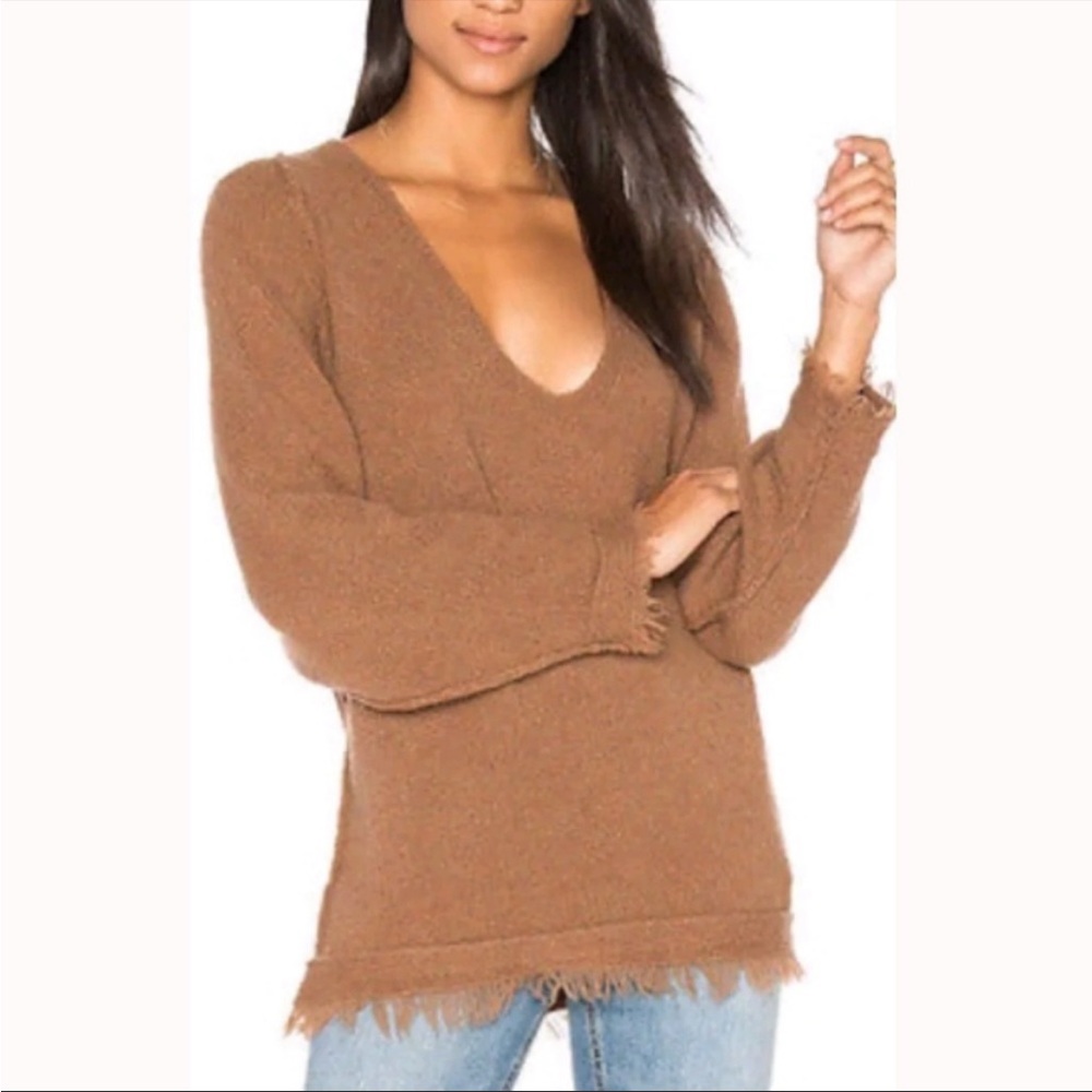 Free People Cognac Brown V Neck Sweater Oversized Fringed WoolLinen